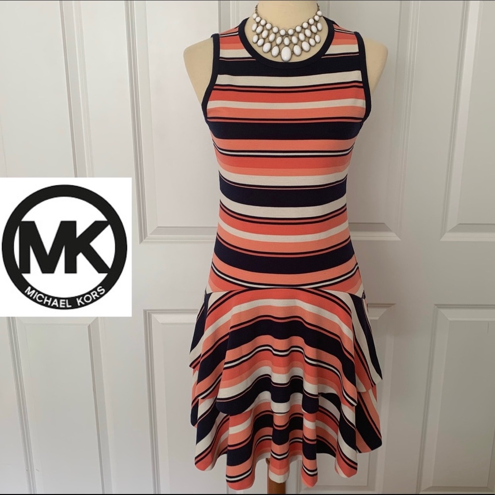 MICHAEL KORS Coral/Navy/White Striped Ruffle Dress🆕